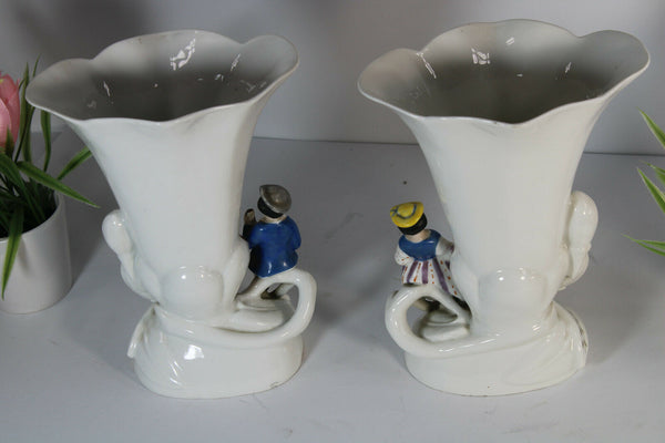 PAIR antique french 19thc vieux paris porcelain Vases figurine romantic