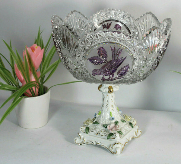 Vintage porcelain crystal glass bowl centerpiece birds 1970