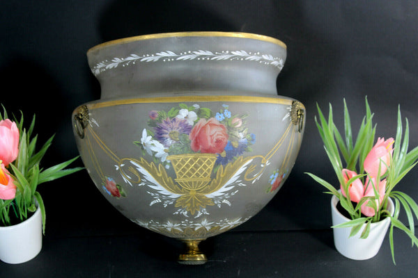 Rare french antique 19thC glass enamel flower hand paint Bowl Shade chandelier