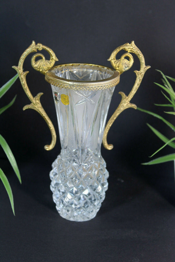 Vintage Crystal glass Vase  brass frame