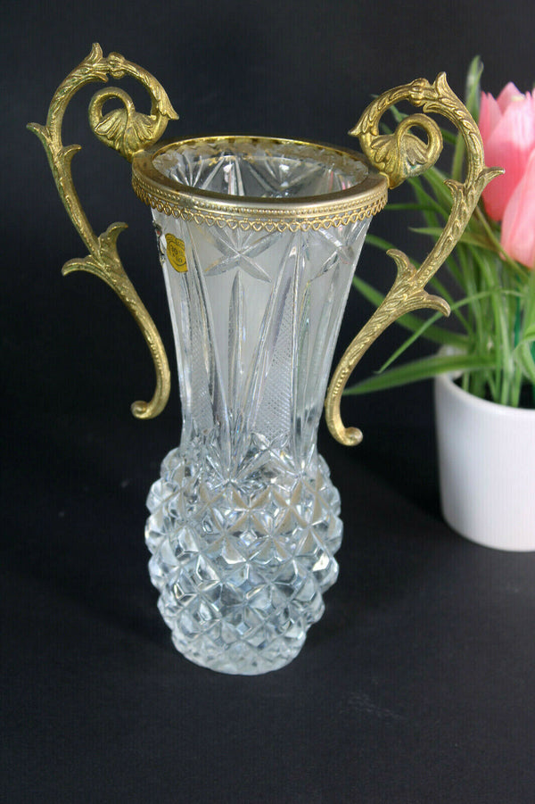 Vintage Crystal glass Vase  brass frame