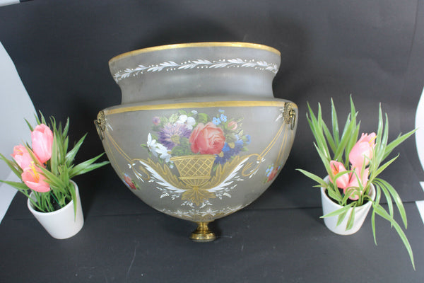 Rare french antique 19thC glass enamel flower hand paint Bowl Shade chandelier