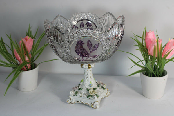 Vintage porcelain crystal glass bowl centerpiece birds 1970