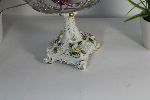 Vintage porcelain crystal glass bowl centerpiece birds 1970