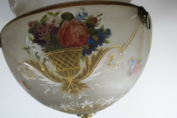 Rare french antique 19thC glass enamel flower hand paint Bowl Shade chandelier