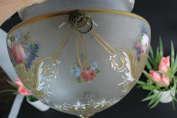 Rare french antique 19thC glass enamel flower hand paint Bowl Shade chandelier