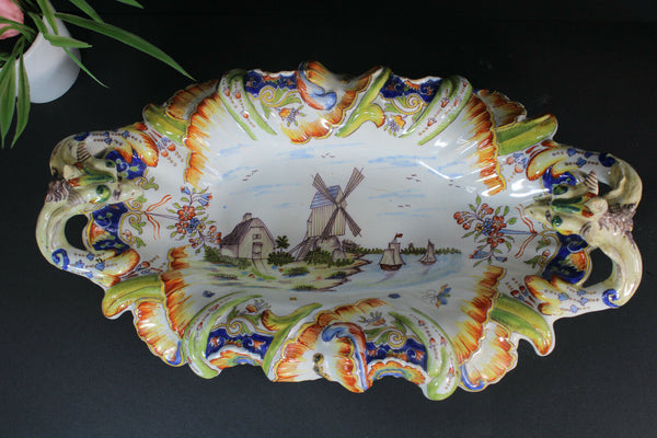 Antique French desvres marked Dragon landscape mill centerpiece bowl tray