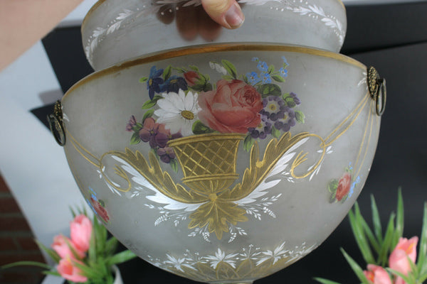 Rare french antique 19thC glass enamel flower hand paint Bowl Shade chandelier