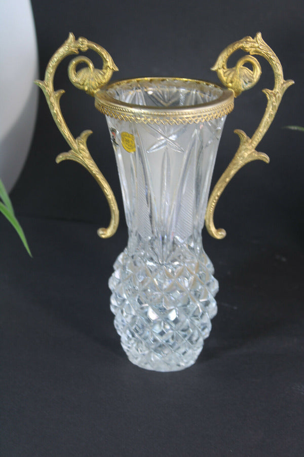 Vintage Crystal glass Vase  brass frame