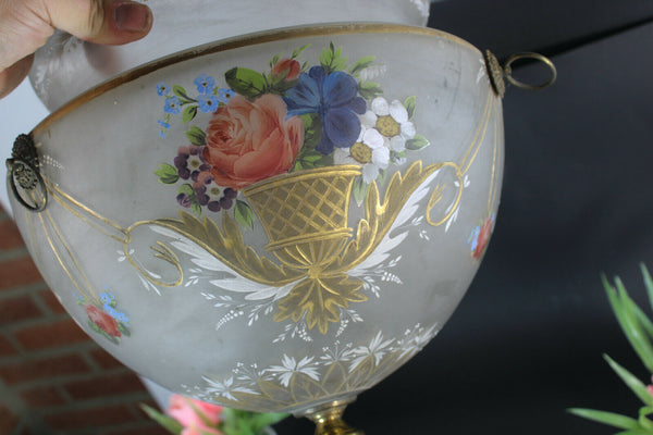 Rare french antique 19thC glass enamel flower hand paint Bowl Shade chandelier