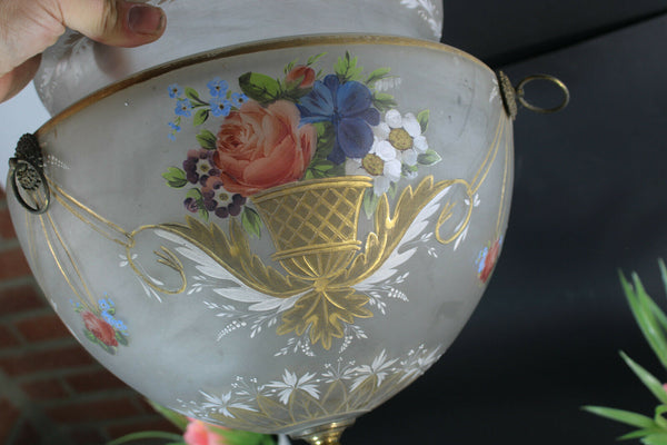 Rare french antique 19thC glass enamel flower hand paint Bowl Shade chandelier