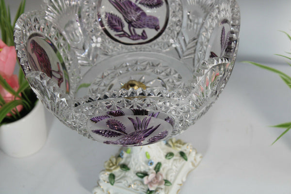 Vintage porcelain crystal glass bowl centerpiece birds 1970