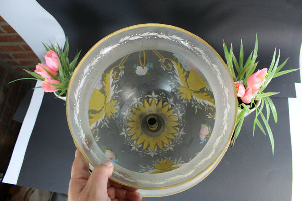 Rare french antique 19thC glass enamel flower hand paint Bowl Shade chandelier