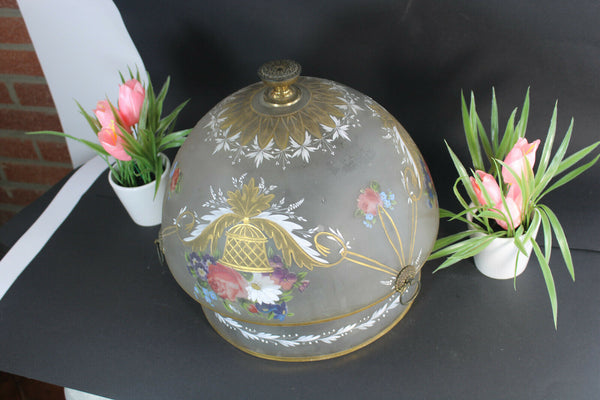 Rare french antique 19thC glass enamel flower hand paint Bowl Shade chandelier