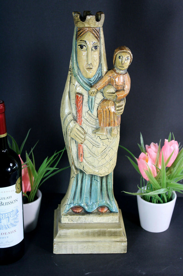 Vintage Southern europe Wood carved polychrome madonna mary statue