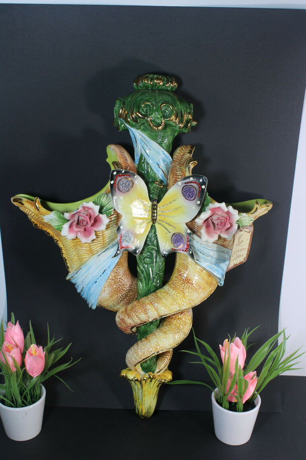 XL capodimonte italian porcelain Wall Vase cornucopia horn butterfly rare