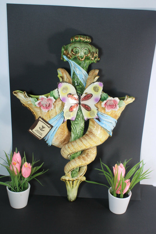 XL capodimonte italian porcelain Wall Vase cornucopia horn butterfly rare