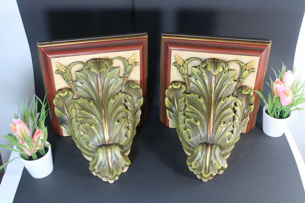 PAIR antique French chalkware church wall consoles corn Floral theme