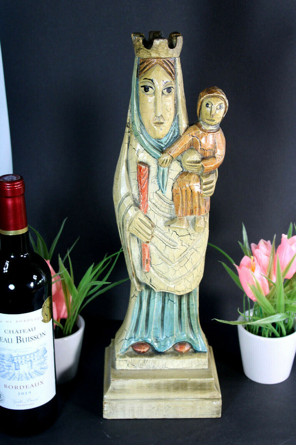 Vintage Southern europe Wood carved polychrome madonna mary statue