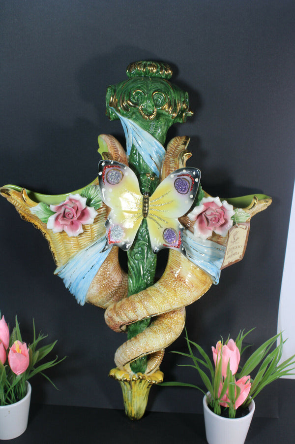 XL capodimonte italian porcelain Wall Vase cornucopia horn butterfly rare