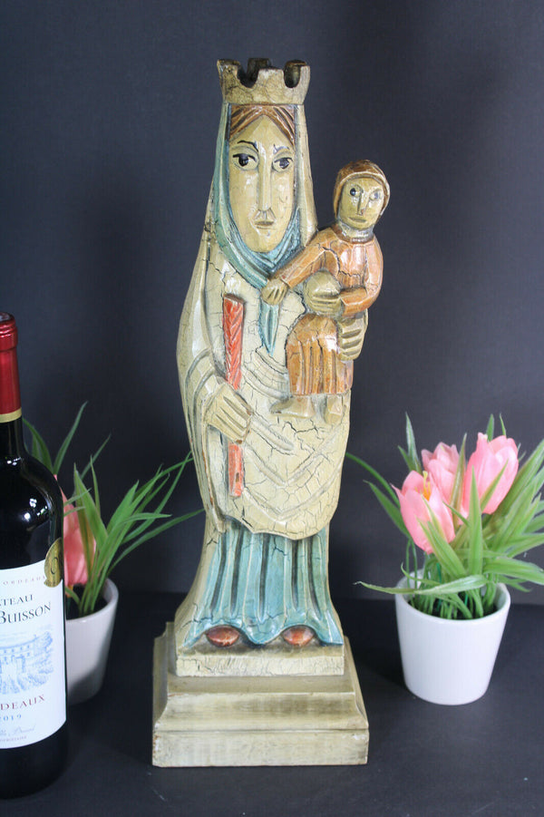 Vintage Southern europe Wood carved polychrome madonna mary statue