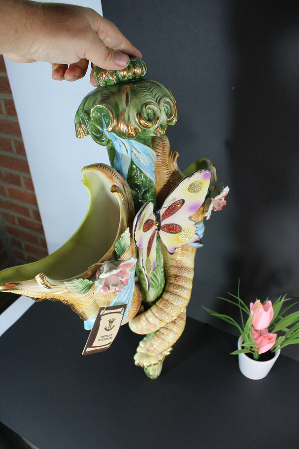 XL capodimonte italian porcelain Wall Vase cornucopia horn butterfly rare