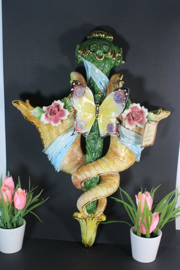 XL capodimonte italian porcelain Wall Vase cornucopia horn butterfly rare