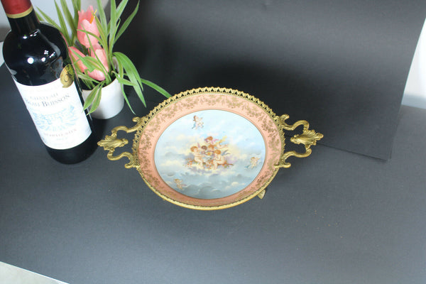 Antique Limoges porcelain French centerpiece plate in frame with putti cherub