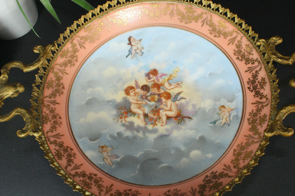 Antique Limoges porcelain French centerpiece plate in frame with putti cherub