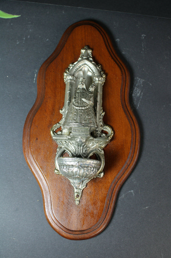 Antique metal wood Holy water font Madonna Montaingu statue