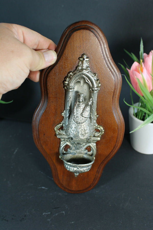 Antique metal wood Holy water font Madonna Montaingu statue