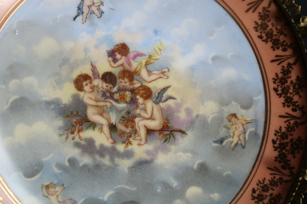 Antique Limoges porcelain French centerpiece plate in frame with putti cherub