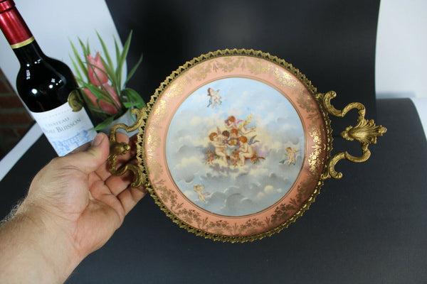 Antique Limoges porcelain French centerpiece plate in frame with putti cherub