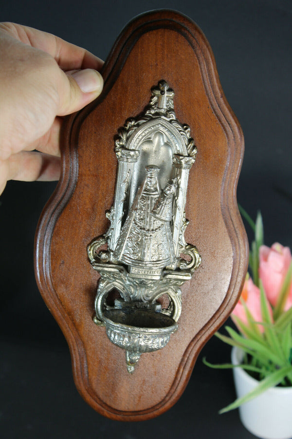 Antique metal wood Holy water font Madonna Montaingu statue