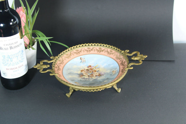 Antique Limoges porcelain French centerpiece plate in frame with putti cherub