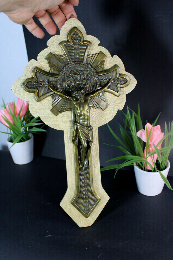 Antique French spelter bronze crucifix on wood religious