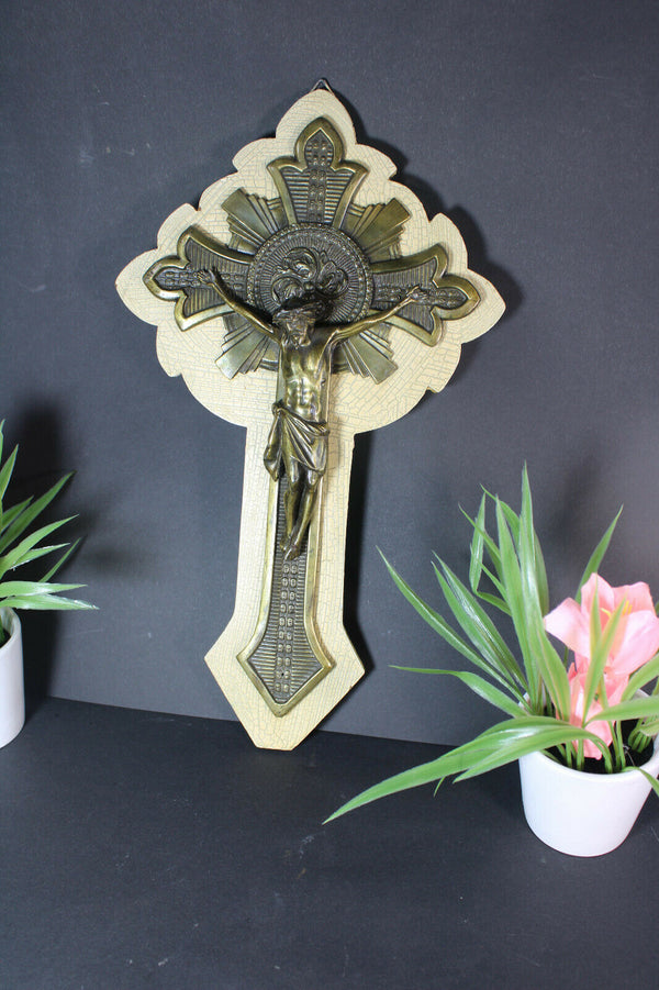 Antique French spelter bronze crucifix on wood religious