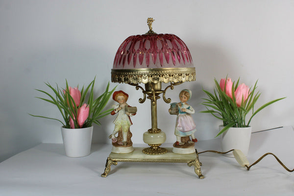 Vintage porcelain figurine glass shade table lamp onyx marble base