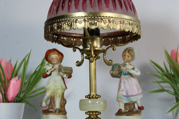 Vintage porcelain figurine glass shade table lamp onyx marble base