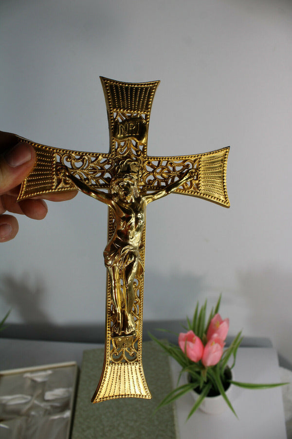 Vintage french brass crucifix cross in box religious