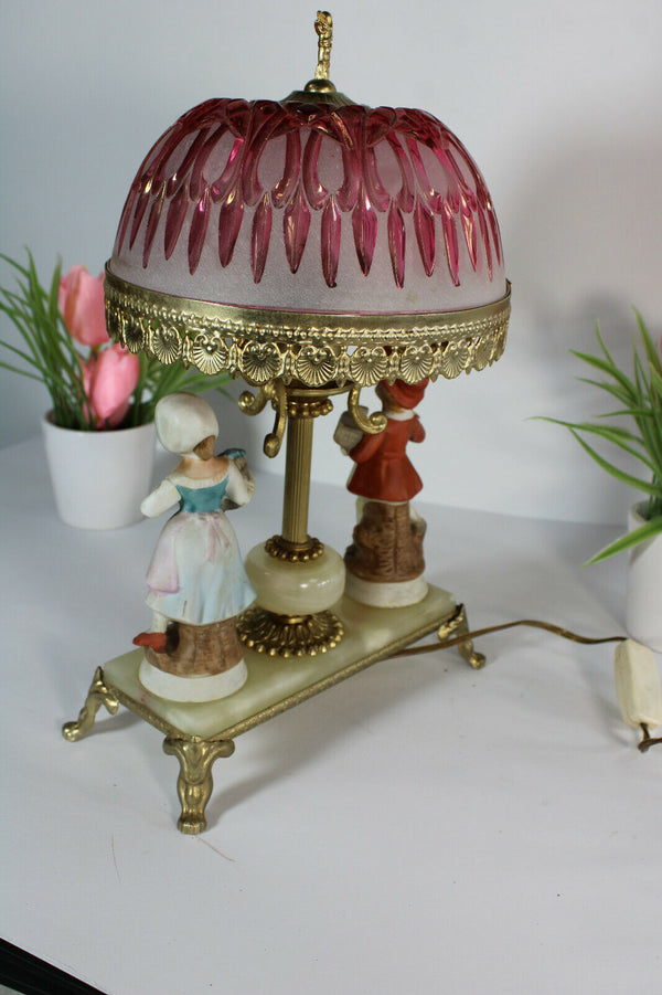 Vintage porcelain figurine glass shade table lamp onyx marble base