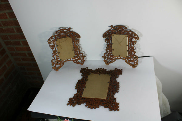 Set 3 antique art nouveau wood cut photo pictures frames wall hanging set