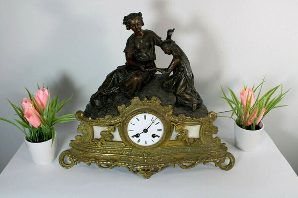 Antique 19thc Spelter Brass clock figurine lady girl group japy freres