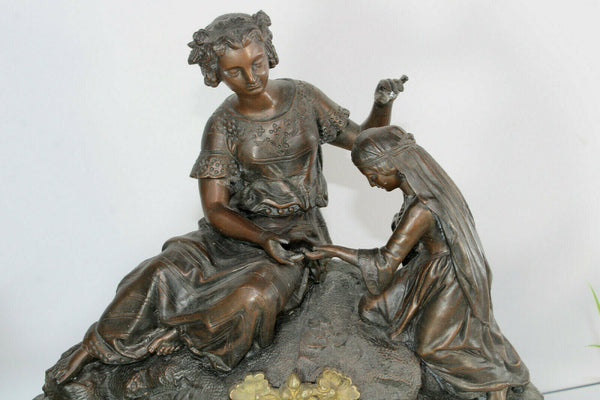 Antique 19thc Spelter Brass clock figurine lady girl group japy freres