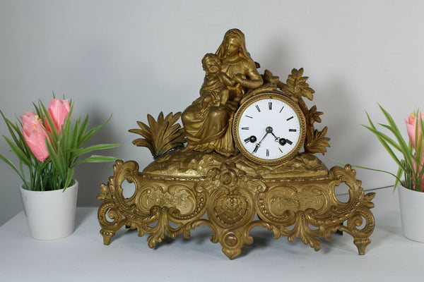 Antique 19thc Spelter Brass clock religious madonna jesus baby