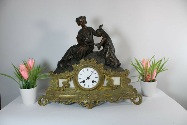 Antique 19thc Spelter Brass clock figurine lady girl group japy freres