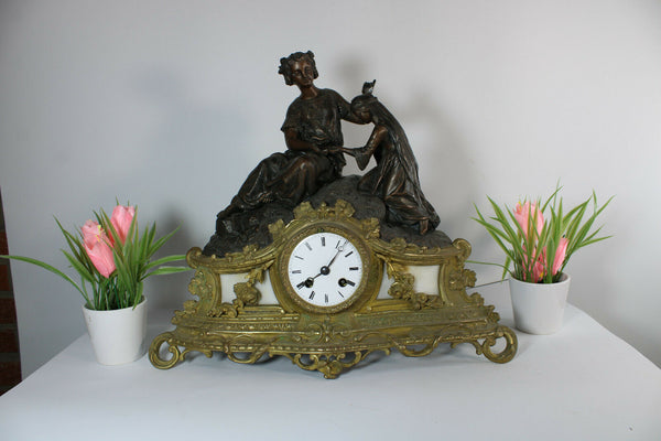 Antique 19thc Spelter Brass clock figurine lady girl group japy freres