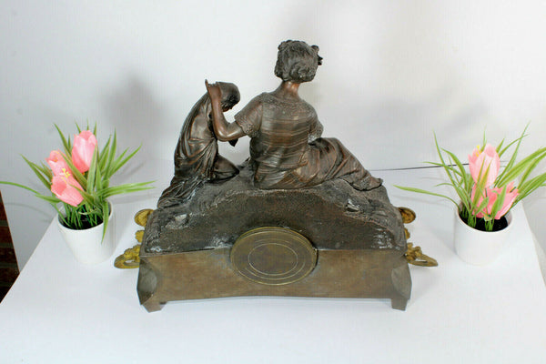 Antique 19thc Spelter Brass clock figurine lady girl group japy freres