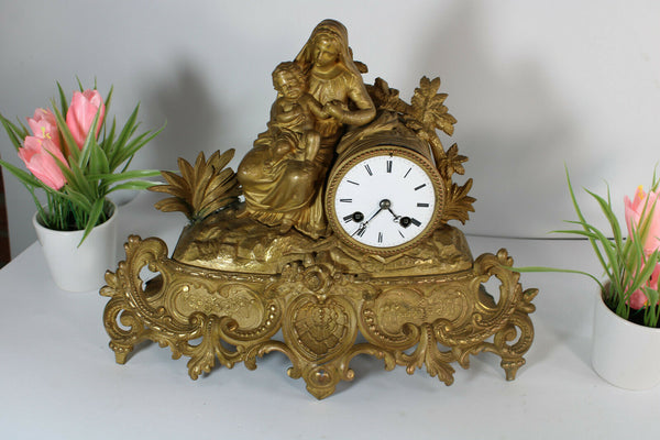 Antique 19thc Spelter Brass clock religious madonna jesus baby