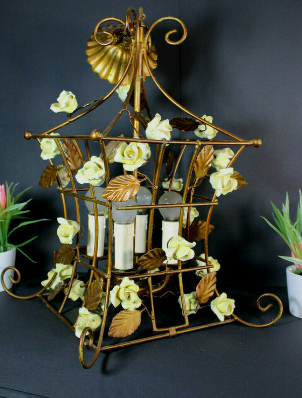 Vintage french Caged metal yellow rose porcelain flowers chandelier lamp rare